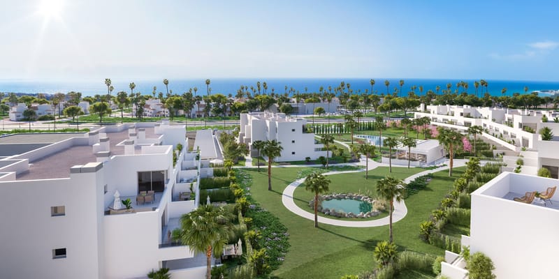 Stylish, southwest facing two bedroom apartment located in the sought-after gated community Aqua Gardens on the New Golden Mile, Estepona